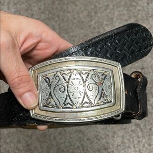 Vintage Black Leather Belt with large Silver Buckle